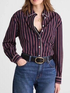 Madewell Navy Red Stripes Poplin Button Down Shirt XS NWOT Cotton Versatile